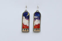 Load image into Gallery viewer, enamel on silver showing the rich colors of sunset with a rising moon and fluffy clouds