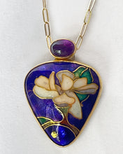 Load image into Gallery viewer, Cloisonné Enamel Magnolia Pendant with Amethyst