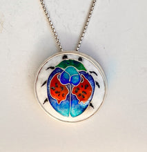 Load image into Gallery viewer, Colorful tortoise beetle pendant. Green, blue, aqua and red on a white background