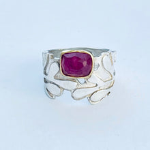 Load image into Gallery viewer, Silver ring with a red gemstone on a light blue background