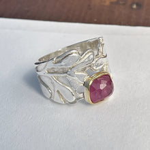 Load image into Gallery viewer, Silver ring with a pink gemstone on a white surface