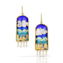 Load image into Gallery viewer, Multi colored cloisonné enamel earrings with tiny freshwater pearls. Setting is 22K, 18K, and sterling silver