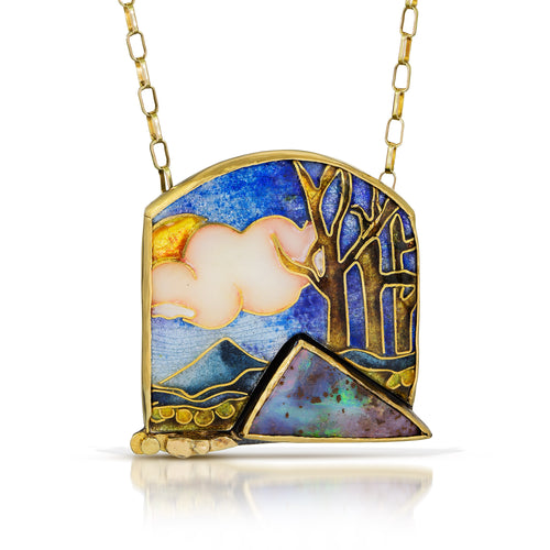 Cloisonné enamel pendant with mountain landscape and boulder opal. Set in  22K, 18K gold and sterling silver