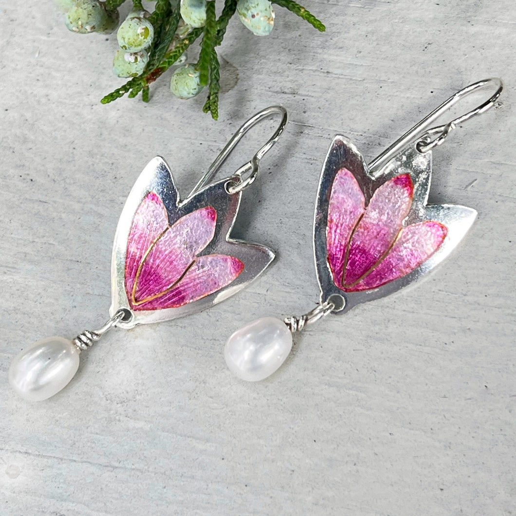 Pink lotus flower earrings with Pearl drops