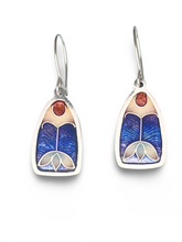 Load image into Gallery viewer, Blue white and orange earrings with art deco tulip design
