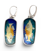 Load image into Gallery viewer, Pair of earrings with fish design on a blue background
