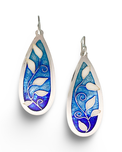 Teardrop-shaped earrings with blue and white floral design on a white background