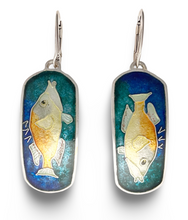 Load image into Gallery viewer, Earrings with fish design on a blue background
