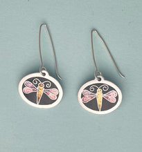 Load image into Gallery viewer, Dragon fly earrings. pale purple with a black background
