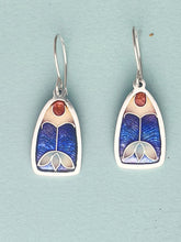 Load image into Gallery viewer, Silver earrings with blue and red designs on a light blue background
