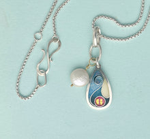 Load image into Gallery viewer, Silver necklace with a pendant featuring a colorful design and pearl on a light blue background
