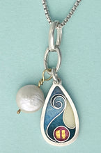 Load image into Gallery viewer, Teardrop-shaped pendant with colorful design and pearl on a light blue background
