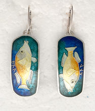 Load image into Gallery viewer, Pair of fish-shaped earrings with a blue gradient background on a white surface
