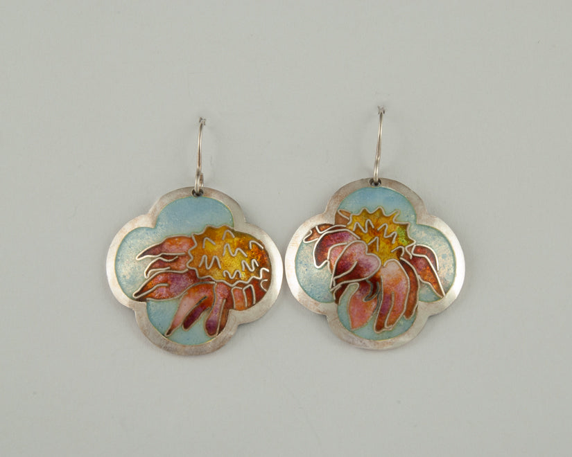 Silver Coneflower Cloisonné enamel earrings