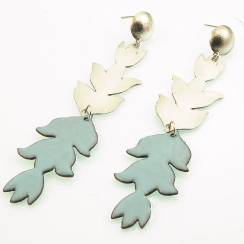 sterling silver dangle flower earrings with soft aqua enamel on copper component