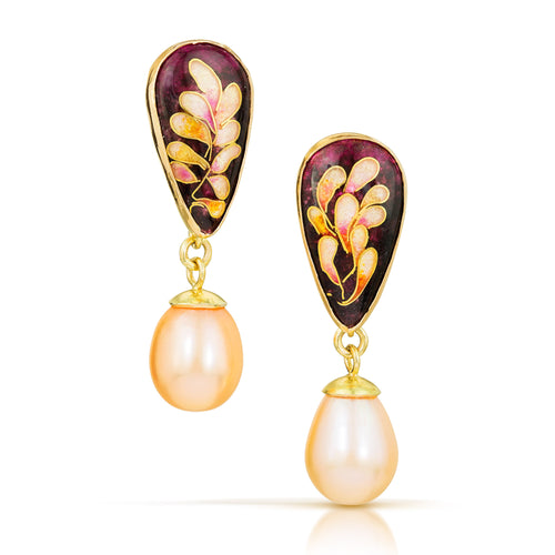 Cloisonne pear shape drop enamel earrings with peach colored fresh water pearl drops. 22K and 18K gold settings