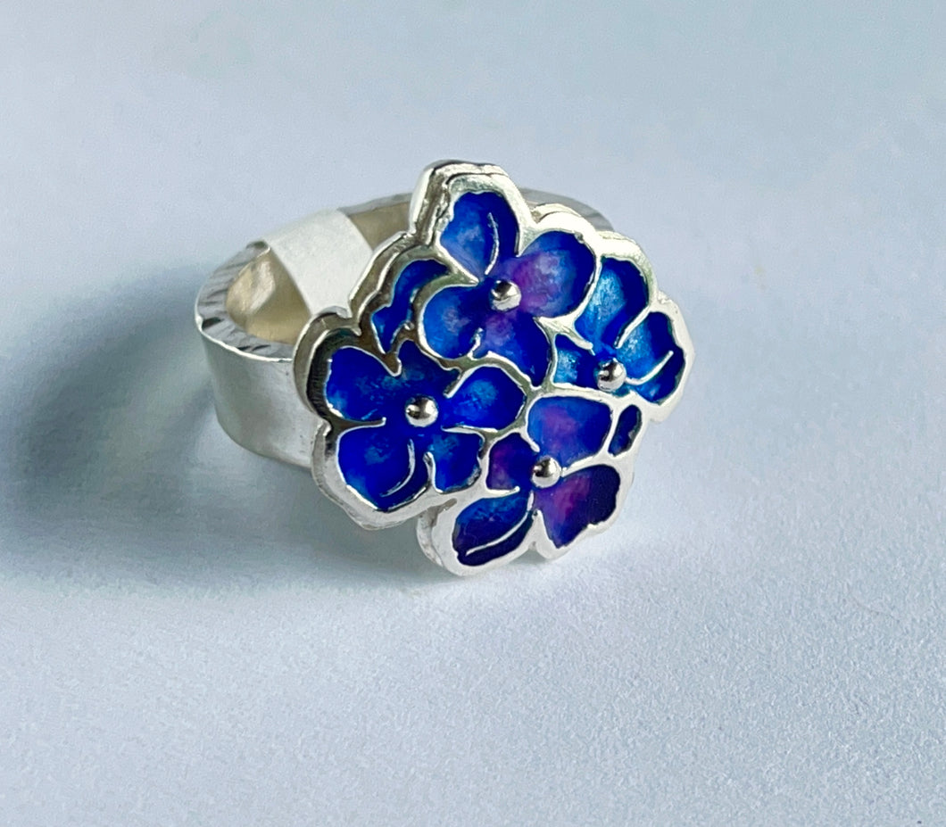 Silver Hydrangea flower ring in blues and purples