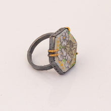 Load image into Gallery viewer, Hand drawn and painted enamel ring set in oxidized silver with 18k gold prongs, enamel has 24k gold accents, greens and yellows. 
