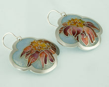 Load image into Gallery viewer, cloisonné enamel earrings, silver ear wires. The enamel features pink coneflowers against a transparent light blue background
