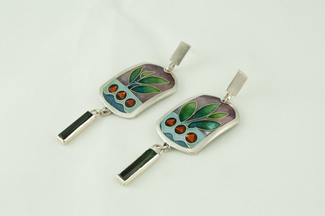 Silver and Cloisonné enamel earrings with a green tourmaline dangle. Enamels features blues, greens oranges and soft mauve colors.